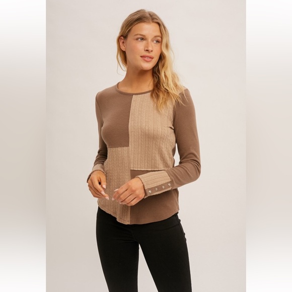 Hem & Thread Tops - hem & thread Cable Texture Patchwork Mixed Rib Long Sleeve Top Size M NWT